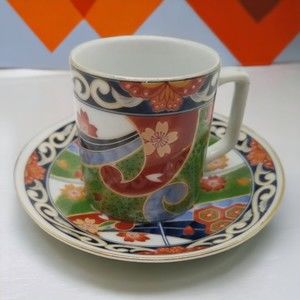 Porcelain Demitasse Cup & Saucer Set Imari Pattern Trimmed In Gold Japan